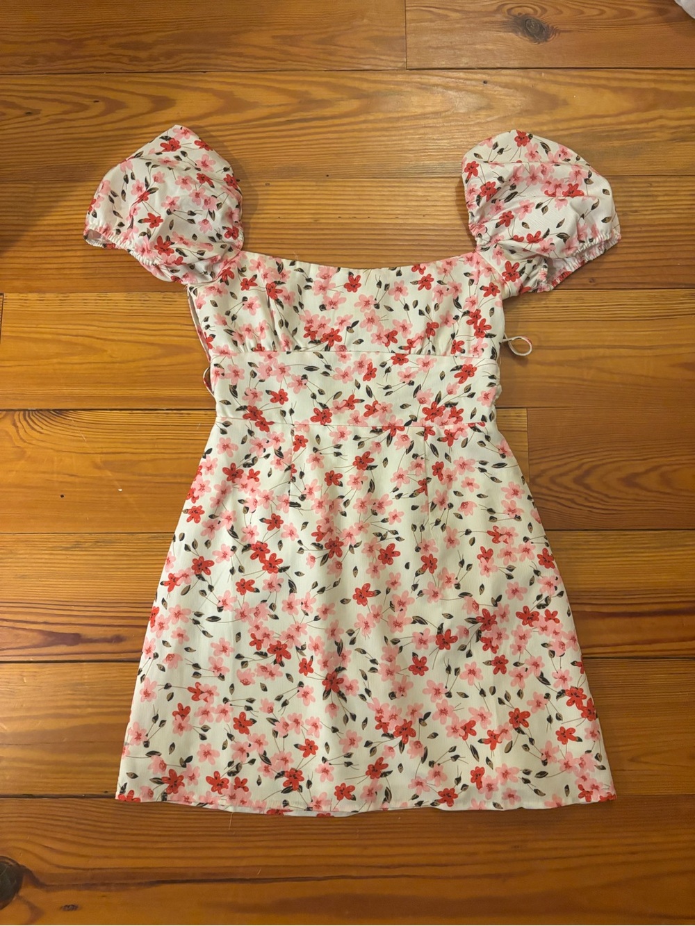 Princess Polly White Floral Puff-Sleeve Dress with Pink & Coral Blossoms